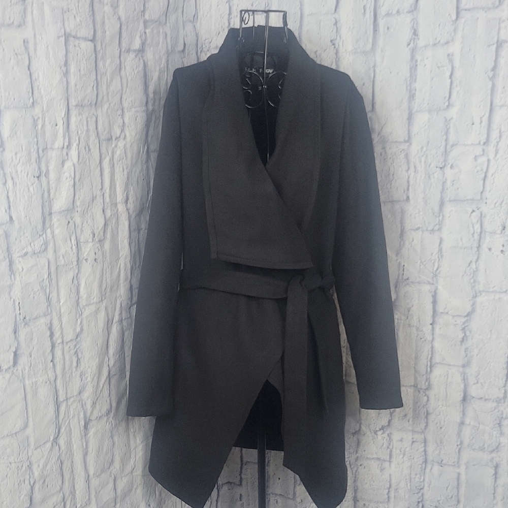Fashion Nova Manhatten Faux Suede‎ Black Belted Wrap Coat Size Large NWT